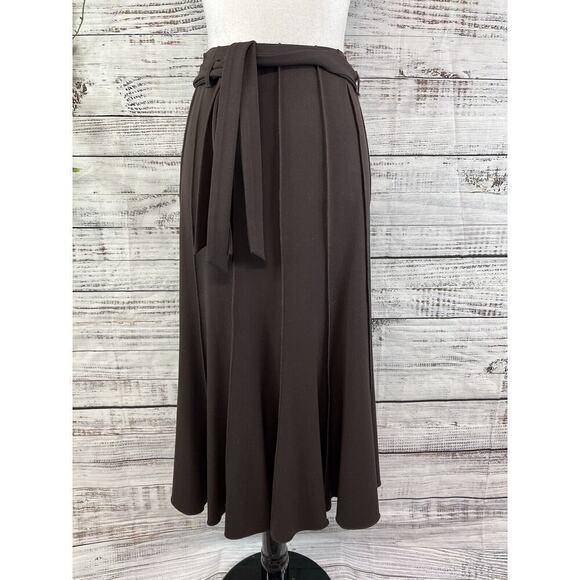 Insight Skirt size 2 Chocolate Brown Flared Midi Belt Stretch Modest Career Slim - Picture 2 of 10